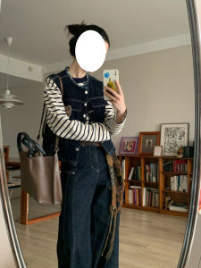 Womens Spring Autumn Striped T-Shirt Denim Wide Leg Pants Three Piece Set High Waist Jacket Layering Fashion Outfit Combo