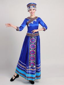 Womens Zhuang Ethnic Dance Costume Bamboo Stick Dance Performance Clothing Hulusi Musical Instrument National Style Outfit