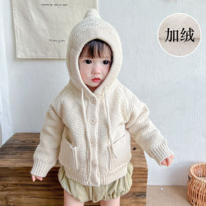 เสื้อคลุมมีฮู้ดสำหรับเด็กผู้หญิงเสื้อคาร์ดิแกนแบบถักบุขนกำมะหยี่หนาพิเศษสำหรับเด็กชายเสื้อไหมพรมสำหรับเด็กทารกชุดฤดูหนาวขนแกะสไตล์ตะวันตกแบบเจ้าหญิง