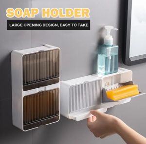 🔥24 hours shipment🔥Adhesive Wall Mounted Soap Box Shower Shelf with Drain Soap Holder for Shower Bathroom Bathtub Kitchen Sink Waterproof Dustproof No Drilling Soap Container for Bathroom GYM Traveling Camping