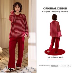 GONGDIE | Soft Lightweight Red Couples Sleepwear Long Sleeves Home Wear Set