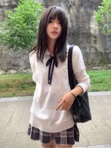 เสื้อสเวตเตอร์คอวีแขนยาวผู้หญิงฤดูใบไม้ร่วง/ฤดูหนาว เสื้อคลุมกันหนาวแบบสวมหัวสไตล์นักศึกษา JK เสื้อผ้าทำงานคอตตอนสไตล์เกาหลี