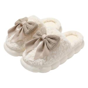 BAIMUQINGCHEN | Fuzzy Bow Decorated Indoor Slippers Thick Sole