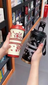 Coffee Thermos Cup 316 Stainless Steel Liner Simple Fashion Double Drinking Cup with Straw Water Cup Gift
