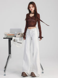 MNVZ Womens Low Waist Flared Jeans White Slimming Wide Leg Straight Cut Non-Matching Cotton Stretch Denim Pants