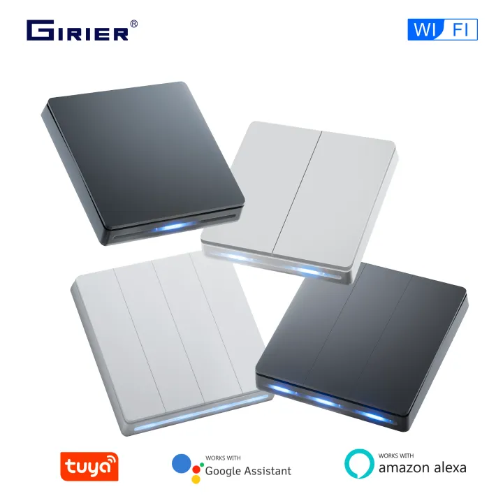 GIRIER | GIRIER Smart Light Switch Wifi Wall Switch Neutral Wire Required Push Button Switch 1/2/3/4 Gang Works Tuya APP Alexa Hey Google