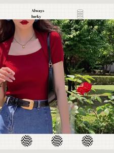 Vintage Red Square Neck Ice Silk Knit T-Shirt