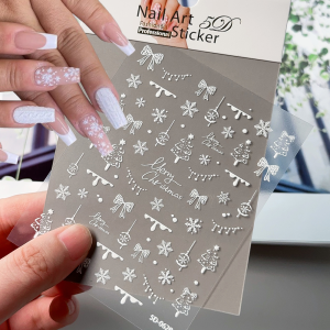 สติกเกอร์ติดเล็บลายคริสต์มาส 5D สีขาว 1 ชิ้น ลายเกล็ดหิมะ ต้นสน โบว์  แบบลอกติดเอง สำหรับตกแต่งเล็บลายคริสต์มาสฤดูหนาว