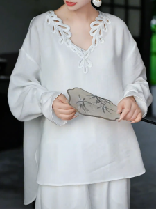 QINGNAER | Elegant Luxury Embroidered V-Neck Long Sleeve Blouse
