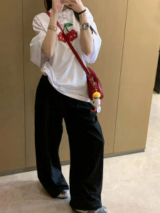 Summer 2025 New Sweet Spicy Casual Cherry Devilish Mid-Length round Neck Loose White T-Shirt Womens Fashion Cotton 100%