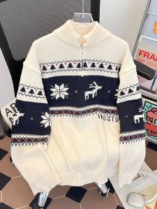เสื้อสเวตเตอร์คอปกกลมปักลายฤดูหนาวสำหรับคู่รัก สไตล์อเมริกัน ปักลายคริสต์มาส ลายม้าลาย ปีใหม่ ผ้าฝ้ายผสม
