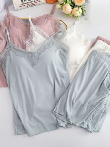 Summer Loose Fit Modal Wood Ear Flap Strap Vest Shorts Sleepwear Set for Women with Integrated Bra One-Piece