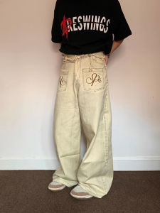 กางเกงยีนส์ทรงหลวมสำหรับผู้ชาย American Street DirtyFit Embroidery สีฟaded ทรงตรง กางเกงขายาวลำลองสำหรับผู้ชาย