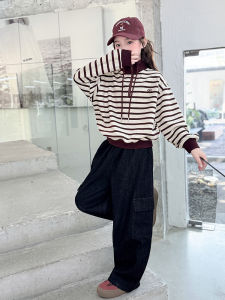 MPW | Girls Long Pants Set Casual Style Spring Autumn Fashionable Striped Sweatshirt Denim Jeans Mid To Large Children Korean Trend