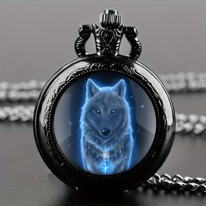 Exquisite Wolf Animal Pattern Quartz Pocket Watch with Necklace Pendant World-Time Feature Analog Display For Women Men Kids