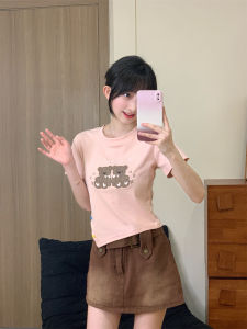 Cute Cartoon Bear Embroidery Short Sleeve T-Shirt Womens Ins Style Colorful Heart Button Irregular Short Length Top