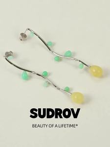 Luxurious Long Earrings 925 Silver Jade Wax Amber