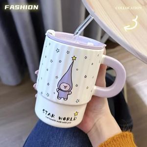 LUXIAOSHI | Cute Purple Star Ceramic Mug with Lid for Girls Birthday Gift