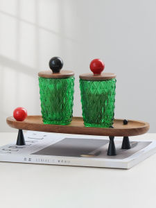 Retro Green Relief Carved Walnut Wood Toothpick Holder Glass Storage Box for Cotton Swabs Family Organizer Decor