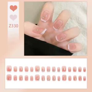 เล็บสำหรับปีใหม่ เล็บปลอมยาว 24 ชิ้น สีชมพู เพชรไข่มุกเล็บปลอม DD330