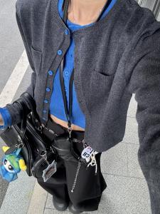 American Style Short Knitted Cardigan Patchwork Design Fake Two-Piece Autumn Winter Outerwear Womens Fashion Slim Fit Sweater