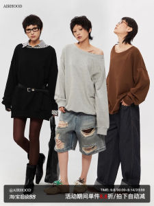 Airhood American Style Slant Shoulder Gray Sweater Women Loose and Lazy Style Pullover Spring Autumn off-Shoulder off-the-Shoulder Tops