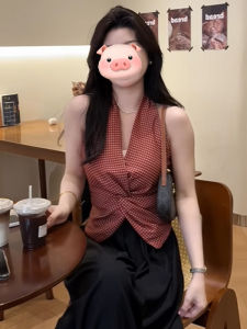 BINKAFENNY | French Elegant Red Plaid Necktie Womens Summer Slim Fit Short Shoulder Baring Sleeveless Shirt Korean Style Straight Cut V-neck