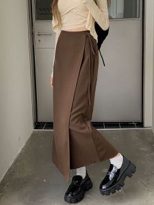 Womens A-Line Long Skirt Suit High Waist Slim Fit Asymmetrical Slit Wrap Body Half Skirt Korean Style Commute Pure Color Polyester