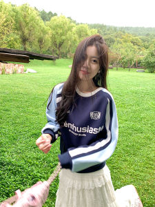 Zeng Xiao Salt American Retro Patchwork Color Block round Neck Womens Spring New Slim Fit Hoodie Comfortable Long Sleeve Crew Neck Sweatshirt