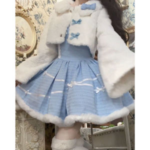 Lolita New Year Plush Coat Waist Cinched Fleece Princess Skirt Two Piece Set Autumn Winter Sweet Style High Waist Short Skirt