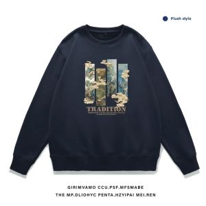 Hong Kong Trendy Brand Mens Fleece Lined Loose Fit Thickened round Neck Sweatshirt Autumn Winter Casual Print Outerwear