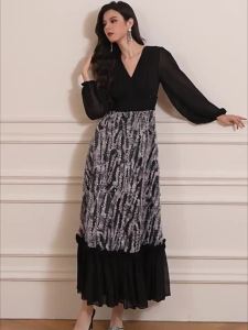 French Retro Design Spring Ink V-Neck Patchwork Elegant Long Dress