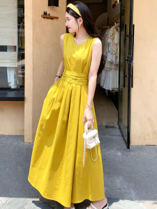 SHANGSHA | Noble Style Yellow Sleeveless Dress