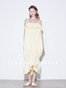 ชุดเดรสคอตตอนทรงเอทรงเอแขนกุดทรงเอสไตล์หวานและสดชื่นสำหรับฤดูร้อน ดีไซน์เรียบง่าย แต่งขอบลูกไม้ ความยาวปานกลาง