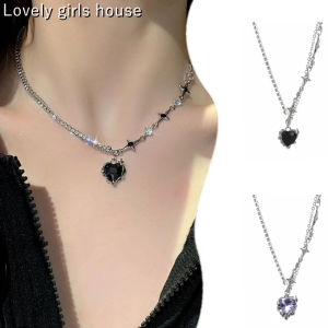 คอจี้คริสตัลรูปหัวใจสีดำสีม่วง Y2K สำหรับผู้หญิงโซ่ รูปหน้าสร้อย พร้อมบริการของหนังเบาของขวัญเครื่องประดับแฟชั่น