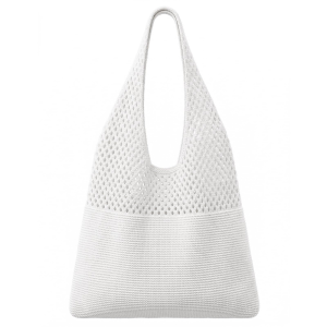 OOKAS white woven tote bag with mesh upper section and solid lower section