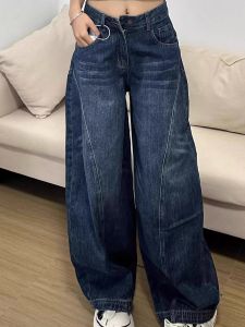 Retro High Waist Wide Leg Blue Jeans Womens Loose Fit Washed Drapey Knife Edge Denim Pants Autumn Season Casual Cotton Jeans