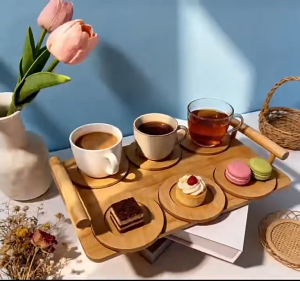 Natural Bamboo Tray Set | Handle Cup Holders INS Style Ideal for Tea & Dessert Serving at Home & Hotel & Party纯天然竹制杯托