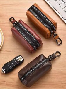 กระเป๋าใส่กุญแจรถยนต์หนังแท้ความจุขนาดใหญ่ กระเป๋าใส่เหรียญแบบมีซิปสองชั้น กระเป๋าใส่ของแบบมีฟังก์ชันหลายอย่างสำหรับผู้ชายและผู้หญิง