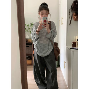 YUEZHONGWEI | Summer Thin Ice Silk Long Sleeve T-Shirt Womens Loose Fit Transparent Striped Top Korean Style Commute Casual Round Neck Shirt