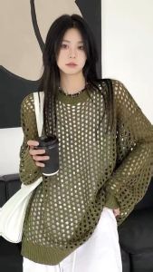 Catalog Fashion สุดยาม เสื้อไหมพรมแขนยาวฉลุตาข่าย ทรงใหญ่ 4 สี คอกลม