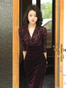 SHANGSHA | Elegant Mature Silk Velvet Patchwork Dress