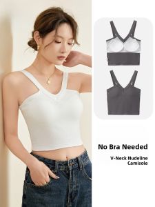 Miiow | Pure Cotton White V-neck Strapless Bralette Women Summer No-wire Belly-baring Short With Chest Pad Backless Base Tank Top