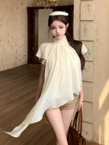 GUZILIAN | Bow Tie Ribbon Irregular Design Loose Chiffon Blouse Apricot