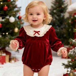 Giáng Sinh Cho Bé Gái Áo Liền Quần Màu Đỏ Có Nơ Cổ Jumpsuit Xmas Bodys Cho Trẻ Em 1-3Y Mặc Hàng Ngày Polyester Bộ Trang Phục