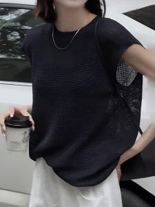 เสื้อถักไหมน้ำแข็งบางสำหรับผู้หญิง ฤดูร้อน 2025 เสื้อกั๊กถักหลวม ชั้นนอกเปิดดูดซับอากาศได้ดี แขนสั้น สไตล์เกาหลี