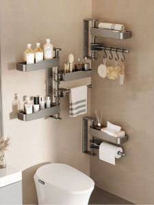 JSMC Rotating Bathroom Storage Rack Toilet Washstand Triangle Wall Mounted Shelf No Drilling Required Luxury Style Aluminum Holder