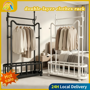 Double-Layer Rolling Clothes Rack with Bottom Storage Basket Portable Garment Rack with Wheels Metal Simple Modern 60cm/80cm/100cm White/Black Laundry Accessory Compact & Versatile Sizes Ideal for Office Living Room or Bedroom - Shelf Hangable