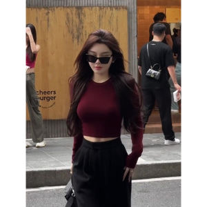 Spring Autumn Short Sleeve Womens Base Shirt round Neck Dervo Slimming T-Shirt Long Sleeve Inner Wear Outerwear Sweet And Spicy Style