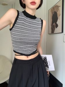 สไตล์เกาหลี สูง เอว เสื้อครอป ฤดูร้อน สลิมฟิต ถัก เสื้อกั๊ก ความปรารถนาอันบริสุทธิ์ ผู้หญิง ไม่มีสาย แขนกุด มัดย้อมความยาวสั้น